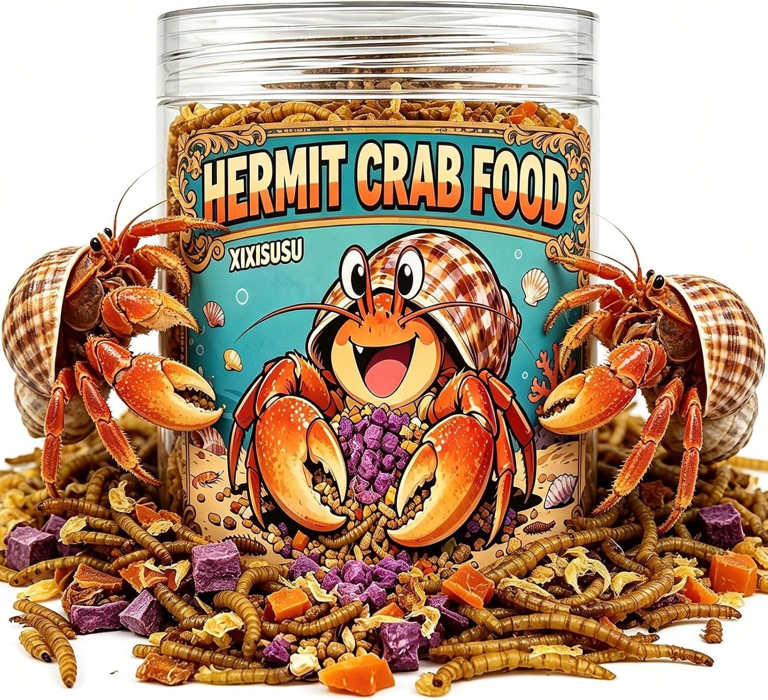 Xixisusu Freeze-Dried Hermit Crab Food Blend- Complete Diet With Real Fruits, Veggies, Shrimp &Amp; Mealworms, High-Protein Formula, 6 Ounce Jar