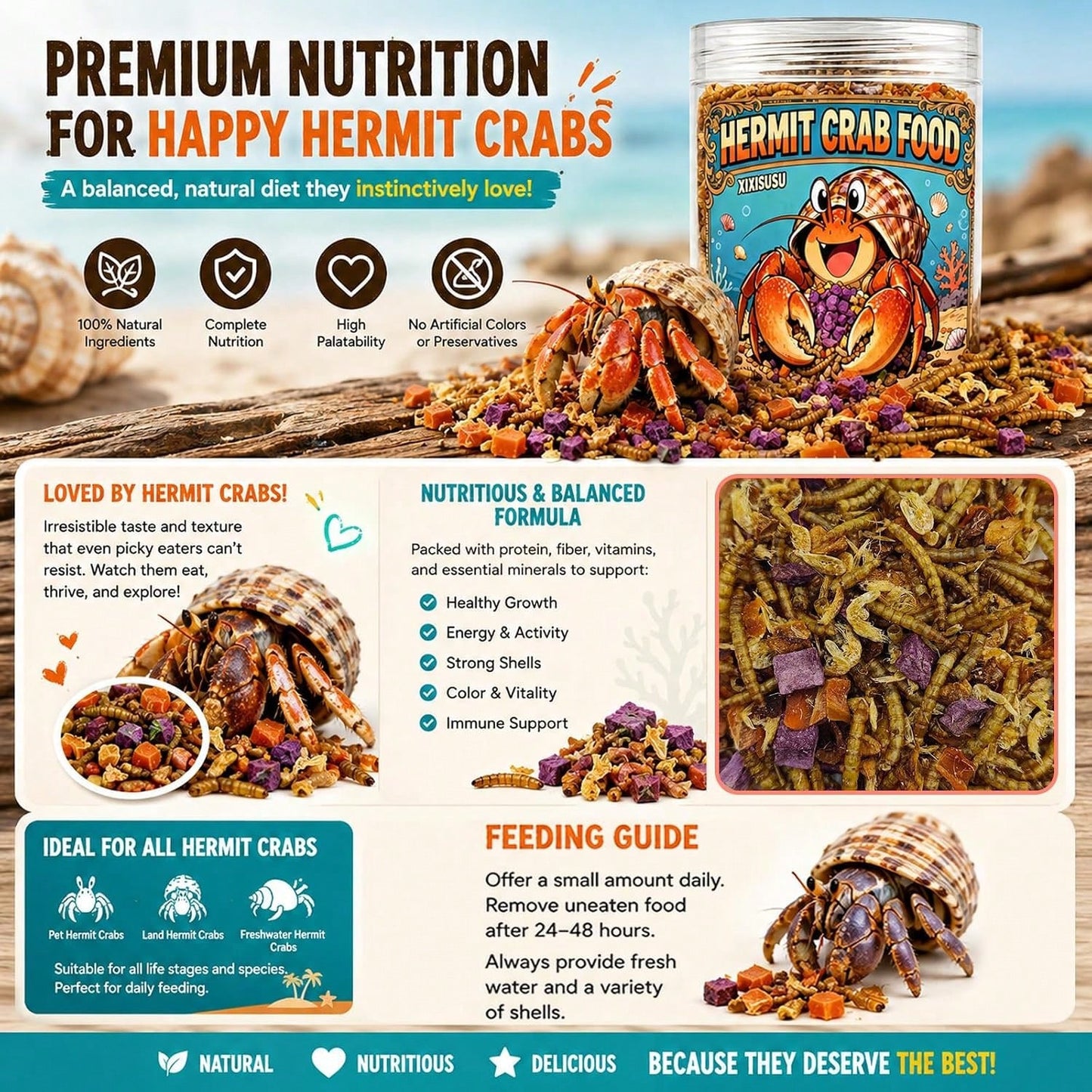 Xixisusu Freeze-Dried Hermit Crab Food Blend- Complete Diet With Real Fruits, Veggies, Shrimp &Amp; Mealworms, High-Protein Formula, 6 Ounce Jar