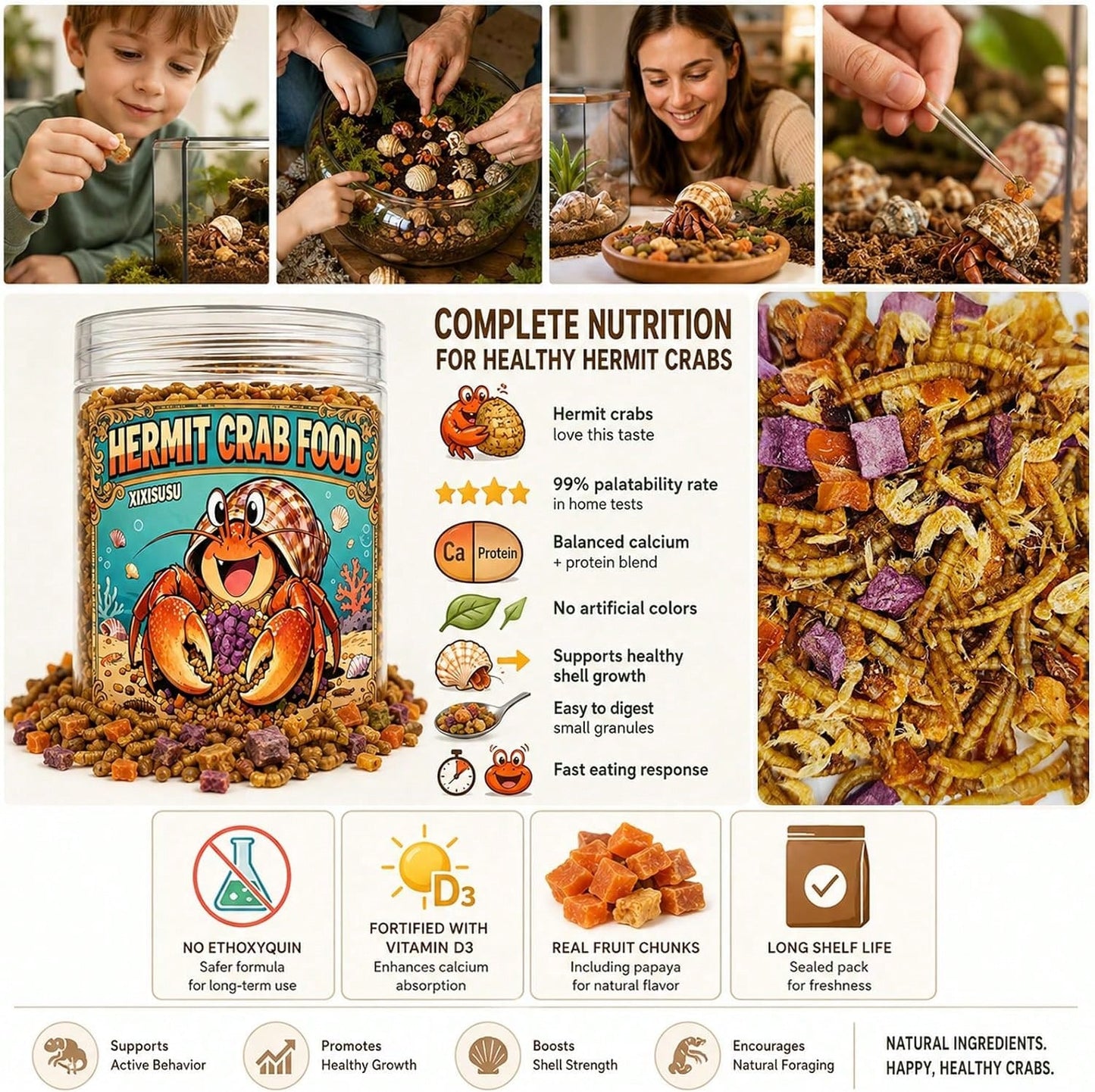 Xixisusu Freeze-Dried Hermit Crab Food Blend- Complete Diet With Real Fruits, Veggies, Shrimp &Amp; Mealworms, High-Protein Formula, 6 Ounce Jar