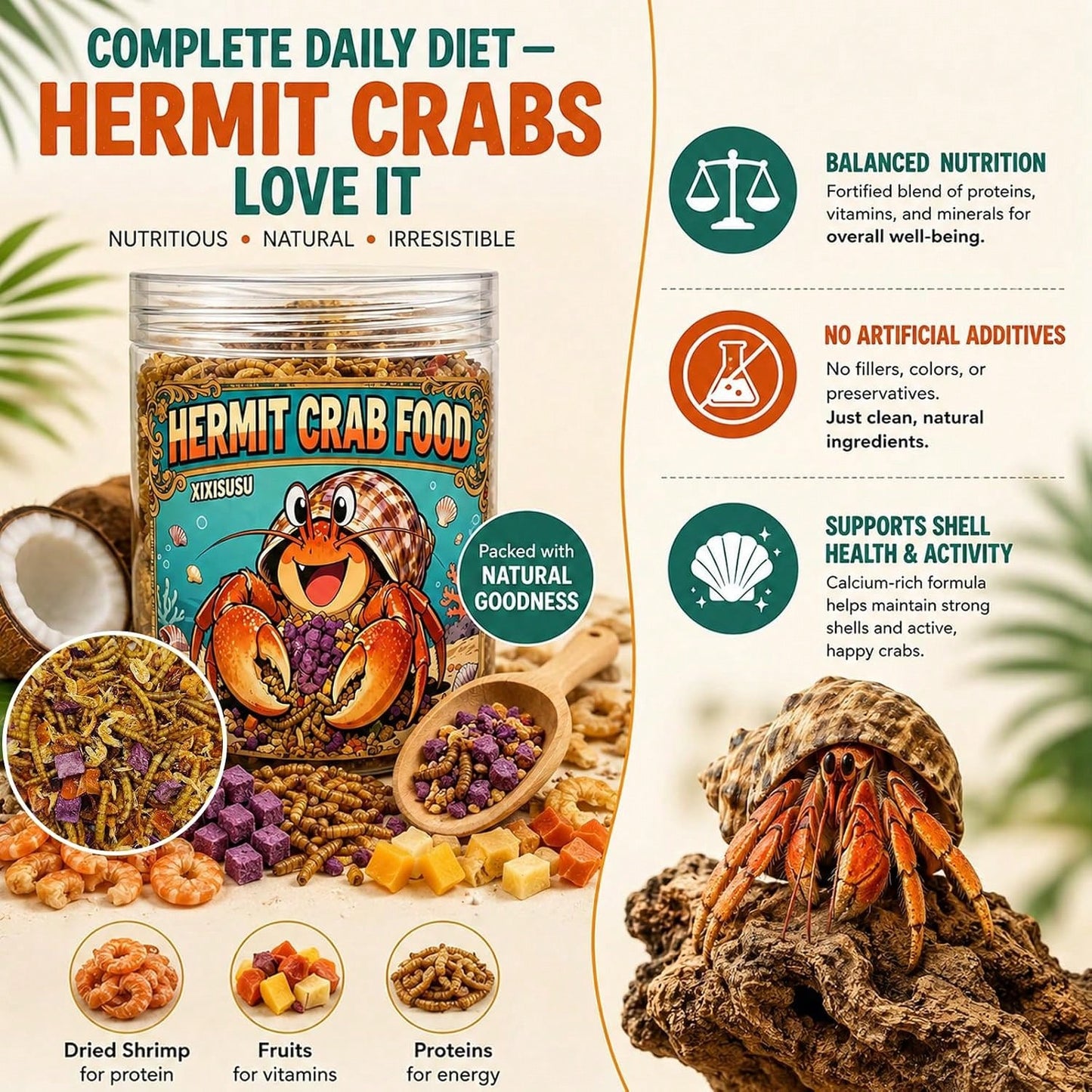 Xixisusu Freeze-Dried Hermit Crab Food Blend- Complete Diet With Real Fruits, Veggies, Shrimp &Amp; Mealworms, High-Protein Formula, 6 Ounce Jar