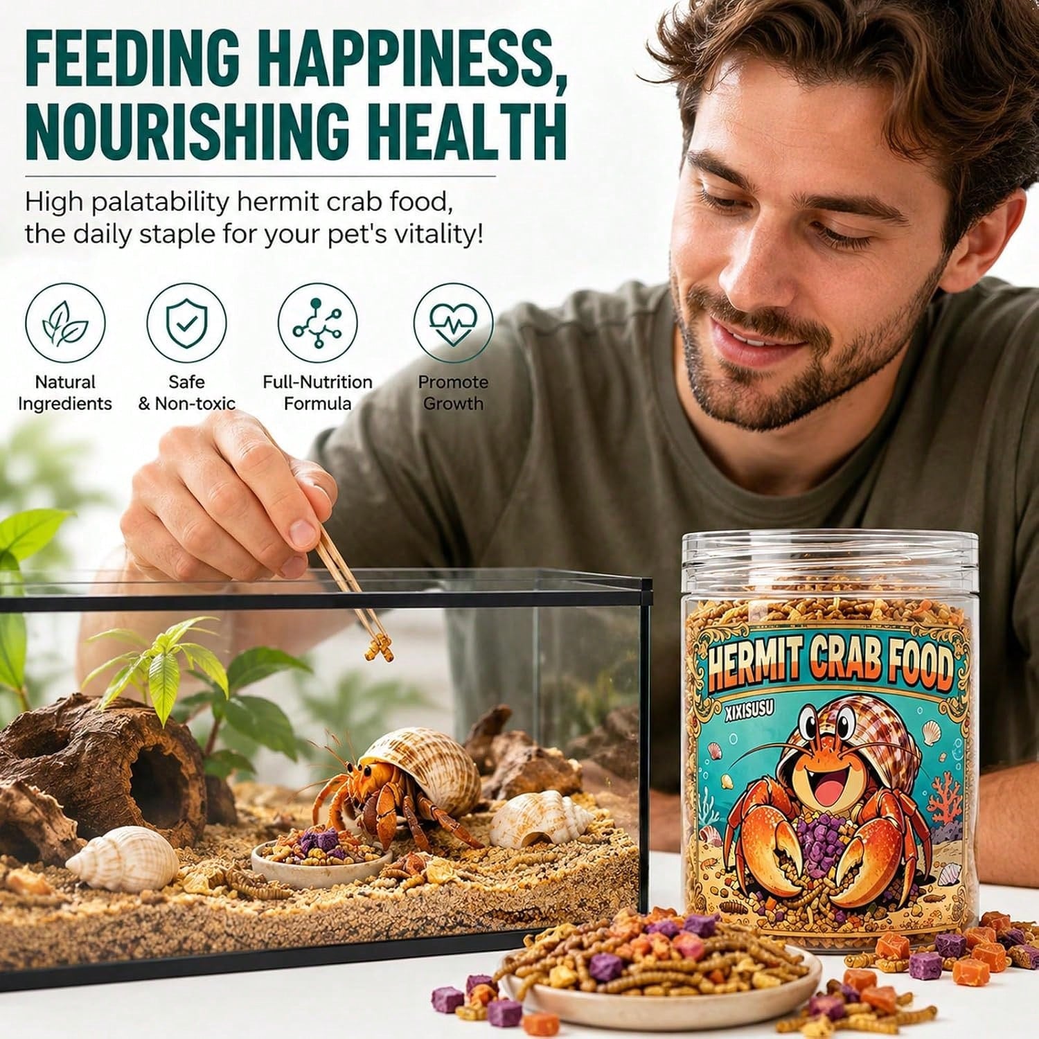 Xixisusu Freeze-Dried Hermit Crab Food Blend- Complete Diet With Real Fruits, Veggies, Shrimp &Amp; Mealworms, High-Protein Formula, 6 Ounce Jar