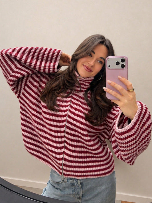 Xiyuan College Style Colorblock Striped Zip-Up Cardigan For Women, Autumn/Winter High Neck Drop Shoulder Knit Sweater, Vintage Long Sleeve Casual Everyday Versatile Pullover