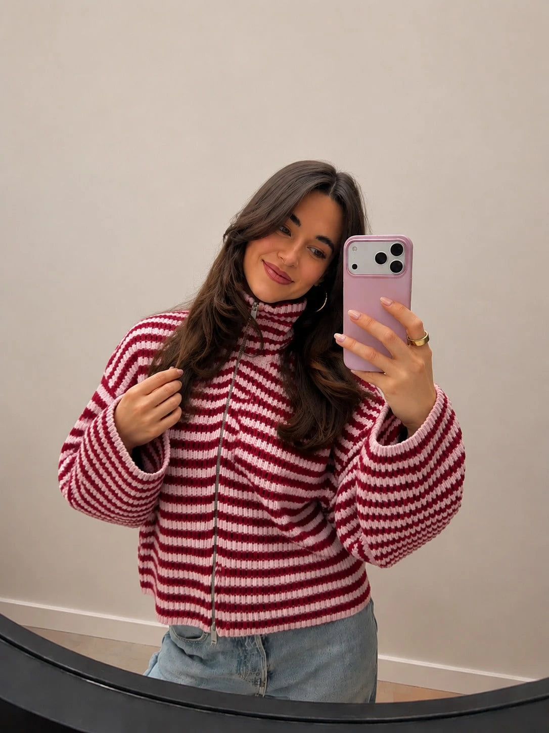 Xiyuan College Style Colorblock Striped Zip-Up Cardigan For Women, Autumn/Winter High Neck Drop Shoulder Knit Sweater, Vintage Long Sleeve Casual Everyday Versatile Pullover