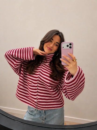 Xiyuan College Style Colorblock Striped Zip-Up Cardigan For Women, Autumn/Winter High Neck Drop Shoulder Knit Sweater, Vintage Long Sleeve Casual Everyday Versatile Pullover