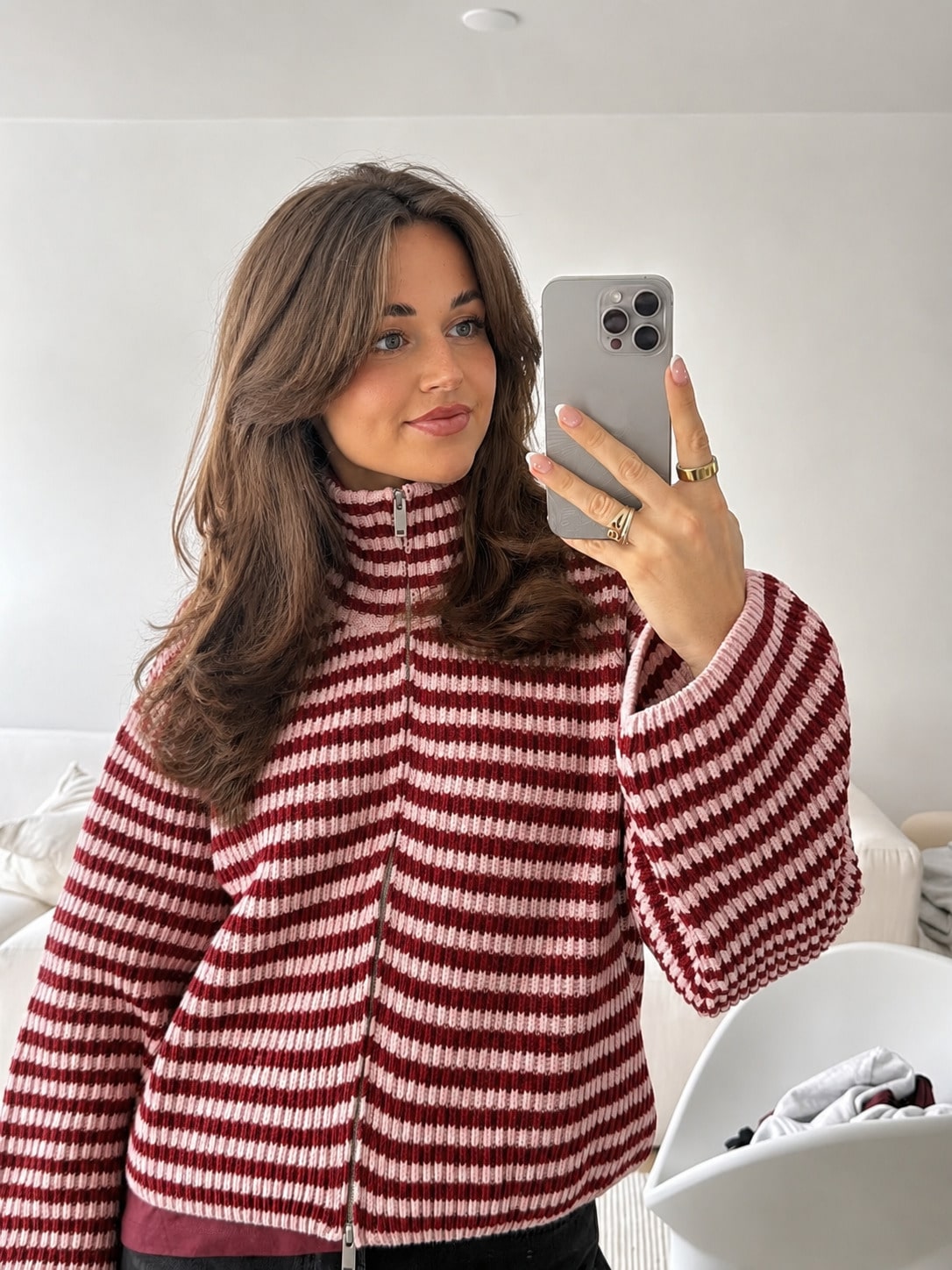 Xiyuan College Style Colorblock Striped Zip-Up Cardigan For Women, Autumn/Winter High Neck Drop Shoulder Knit Sweater, Vintage Long Sleeve Casual Everyday Versatile Pullover