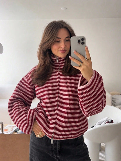 Xiyuan College Style Colorblock Striped Zip-Up Cardigan For Women, Autumn/Winter High Neck Drop Shoulder Knit Sweater, Vintage Long Sleeve Casual Everyday Versatile Pullover
