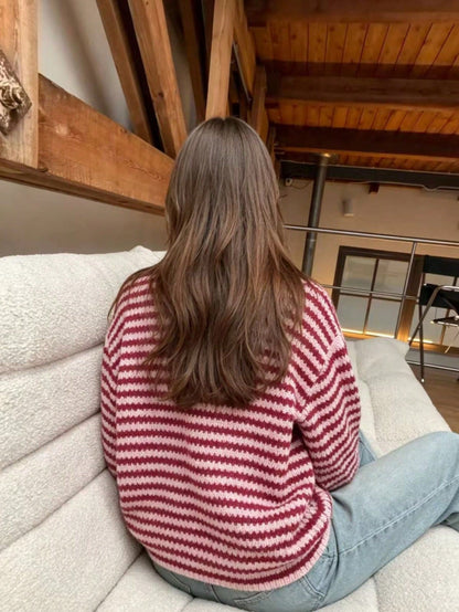 Xiyuan College Style Colorblock Striped Zip-Up Cardigan For Women, Autumn/Winter High Neck Drop Shoulder Knit Sweater, Vintage Long Sleeve Casual Everyday Versatile Pullover
