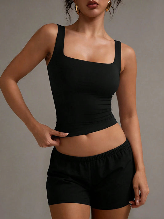 XLLAIS Women's Solid Color Square Neck Sleeveless Tank Top, Slim Fit Casual Wear, Black, Spring/Summer