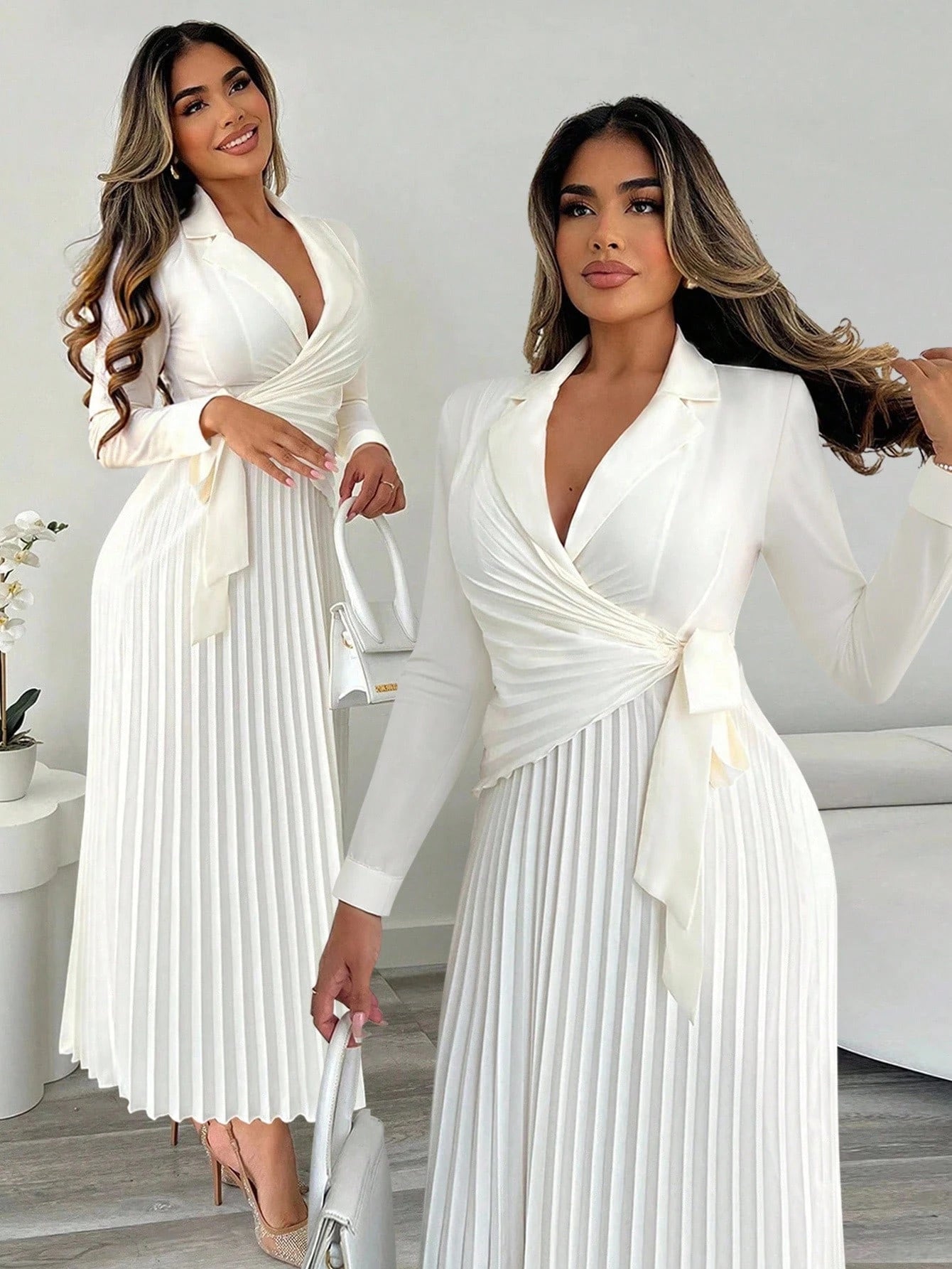 Xyvia Women's Elegant Cinched Waist Pleated Button-Down Shirt Dress, Suitable For Commute, Office, Wedding Events In Autumn & Winter Fall Cloth For Women