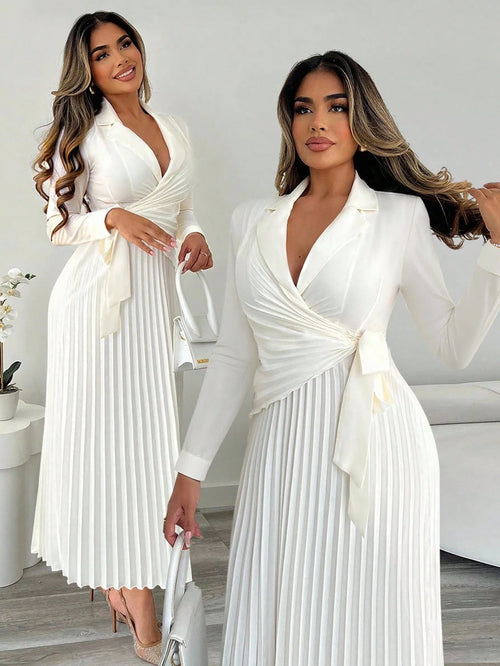 Xyvia Women's Elegant Cinched Waist Pleated Button-Down Shirt Dress, Suitable For Commute, Office, Wedding Events In Autumn & Winter Fall Cloth For Women