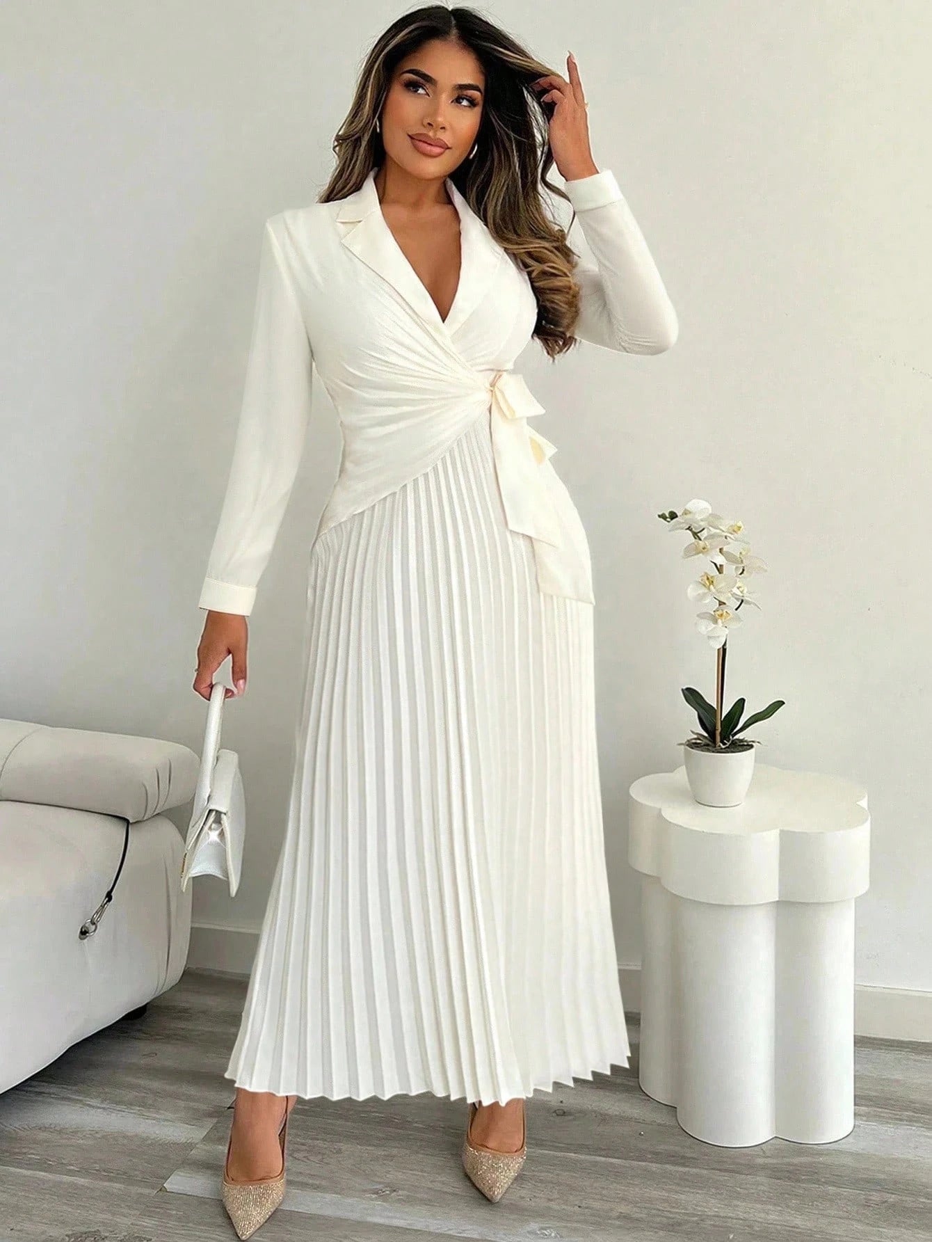 Xyvia Women's Elegant Cinched Waist Pleated Button-Down Shirt Dress, Suitable For Commute, Office, Wedding Events In Autumn & Winter Fall Cloth For Women