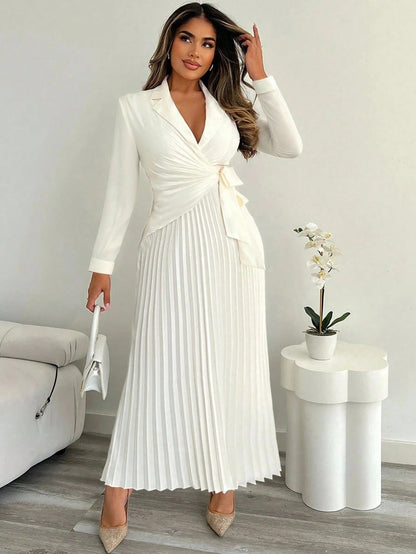 Xyvia Women's Elegant Cinched Waist Pleated Button-Down Shirt Dress, Suitable For Commute, Office, Wedding Events In Autumn & Winter Fall Cloth For Women