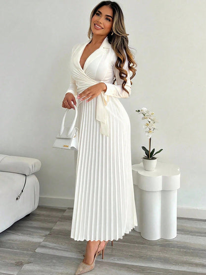 Xyvia Women's Elegant Cinched Waist Pleated Button-Down Shirt Dress, Suitable For Commute, Office, Wedding Events In Autumn & Winter Fall Cloth For Women