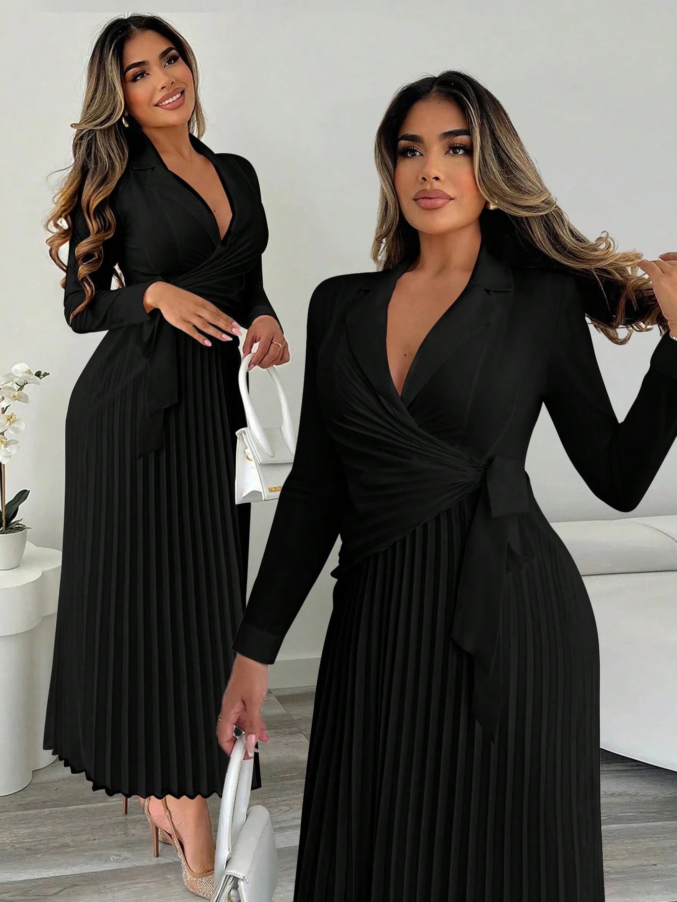 Xyvia Women's Elegant Cinched Waist Pleated Button-Down Shirt Dress, Suitable For Commute, Office, Wedding Events In Autumn & Winter Fall Cloth For Women