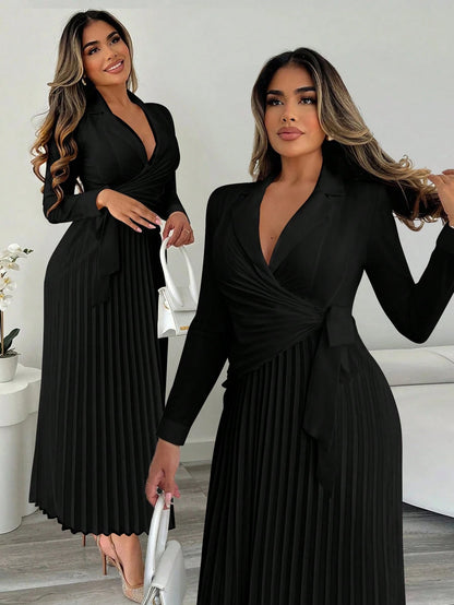 Xyvia Women's Elegant Cinched Waist Pleated Button-Down Shirt Dress, Suitable For Commute, Office, Wedding Events In Autumn & Winter Fall Cloth For Women