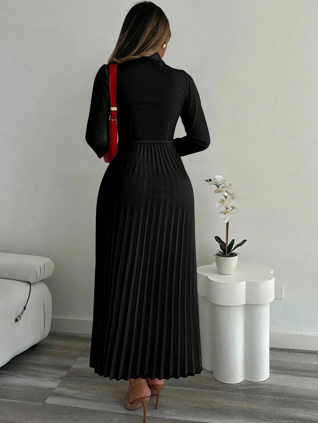 Xyvia Women's Elegant Cinched Waist Pleated Button-Down Shirt Dress, Suitable For Commute, Office, Wedding Events In Autumn & Winter Fall Cloth For Women