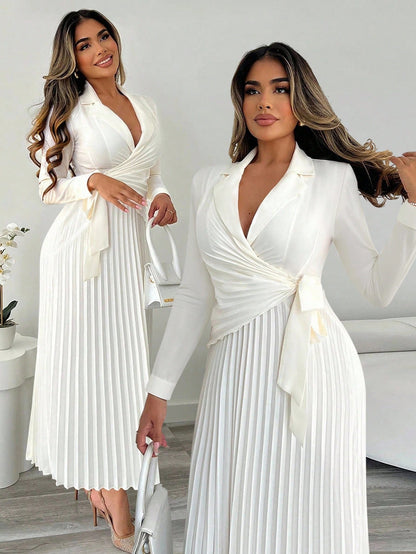 Xyvia Women's Elegant Cinched Waist Pleated Button-Down Shirt Dress, Suitable For Commute, Office, Wedding Events In Autumn & Winter Fall Cloth For Women