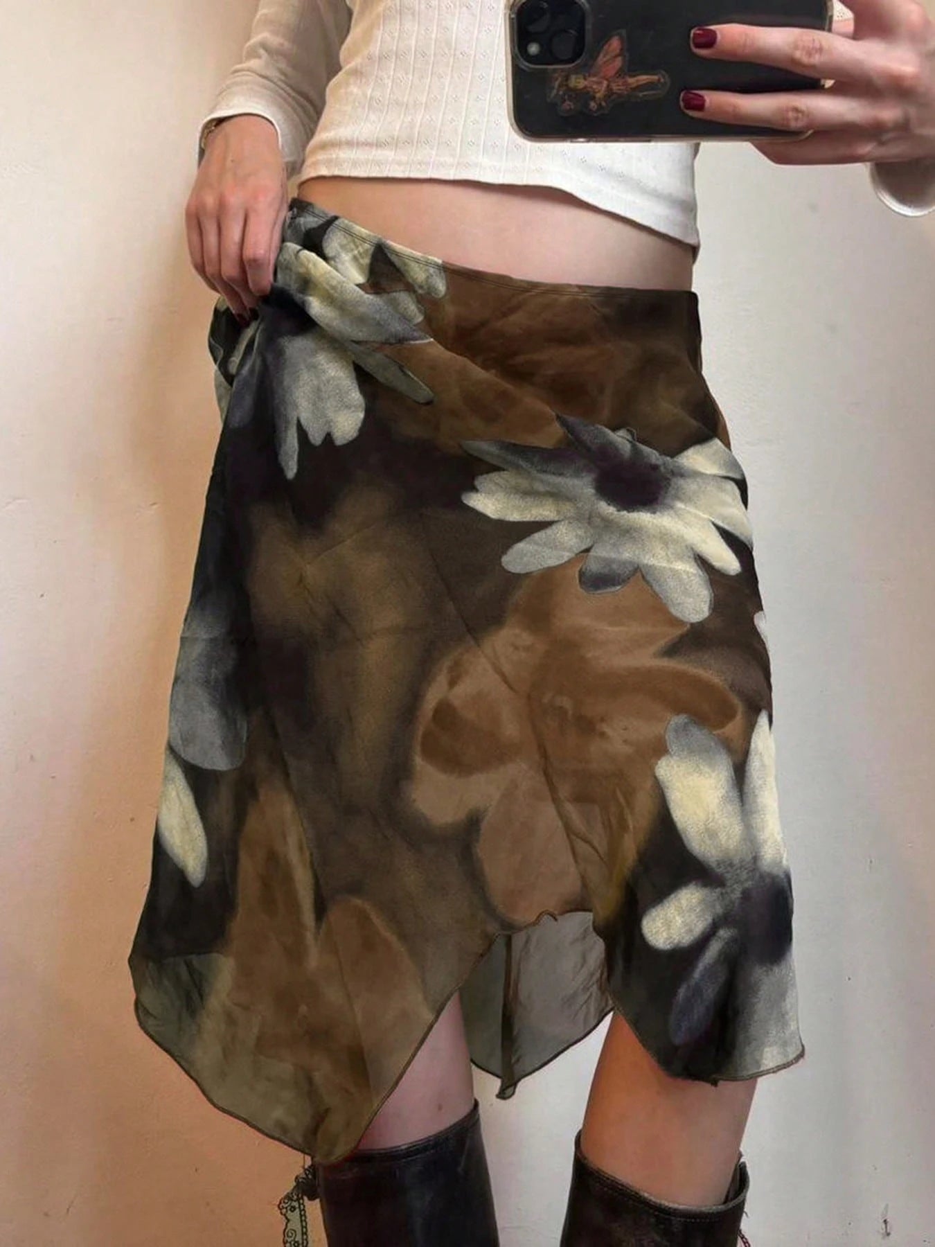 Y2K Style Floral Print Mesh Asymmetric Midi A-Line Skirt, Low Waist Versatile Women's Skirt Brown Vacation Summer