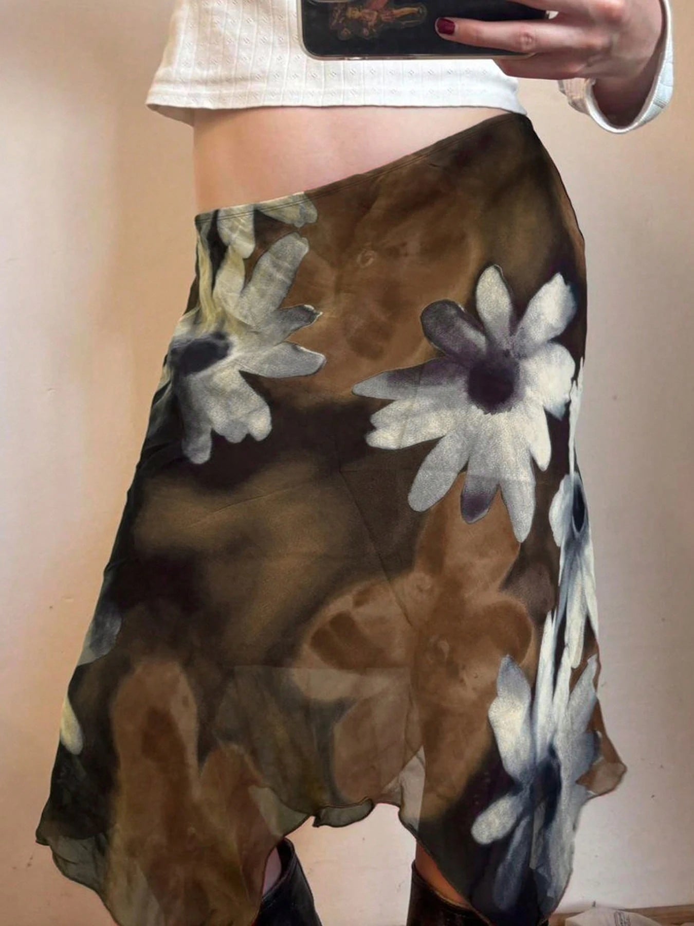 Y2K Style Floral Print Mesh Asymmetric Midi A-Line Skirt, Low Waist Versatile Women's Skirt Brown Vacation Summer