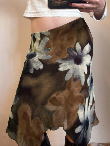 Y2K Style Floral Print Mesh Asymmetric Midi A-Line Skirt, Low Waist Versatile Women's Skirt Brown Vacation Summer