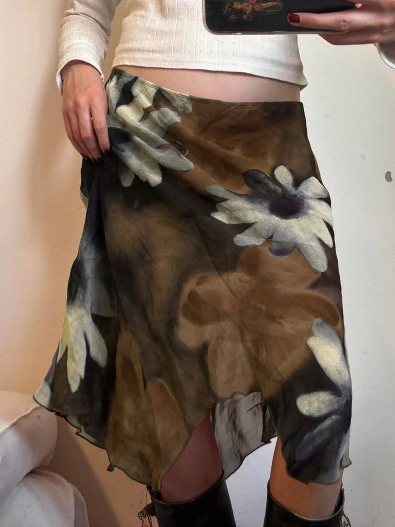Y2K Style Floral Print Mesh Asymmetric Midi A-Line Skirt, Low Waist Versatile Women's Skirt Brown Vacation Summer