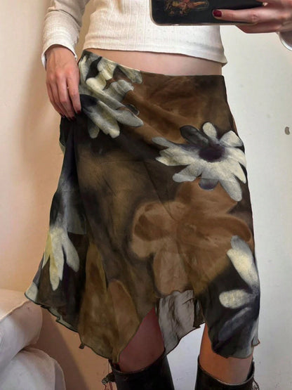 Y2K Style Floral Print Mesh Asymmetric Midi A-Line Skirt, Low Waist Versatile Women's Skirt Brown Vacation Summer