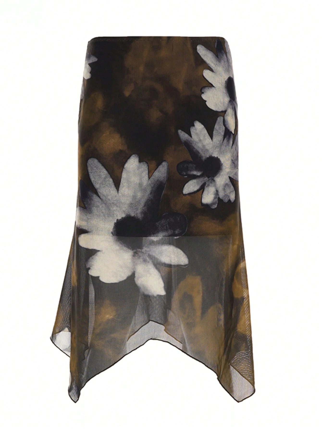 Y2K Style Floral Print Mesh Asymmetric Midi A-Line Skirt, Low Waist Versatile Women's Skirt Brown Vacation Summer