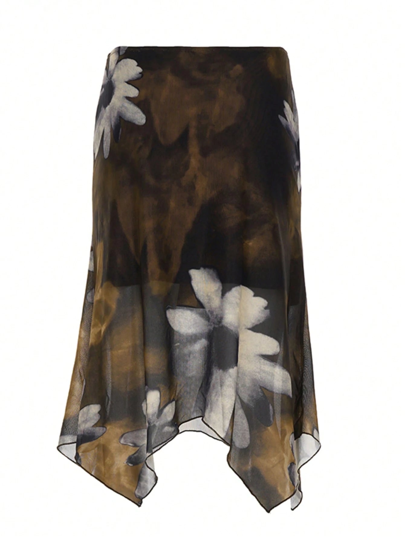 Y2K Style Floral Print Mesh Asymmetric Midi A-Line Skirt, Low Waist Versatile Women's Skirt Brown Vacation Summer