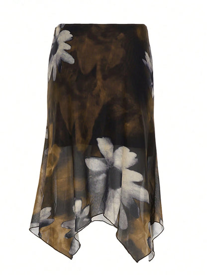 Y2K Style Floral Print Mesh Asymmetric Midi A-Line Skirt, Low Waist Versatile Women's Skirt Brown Vacation Summer
