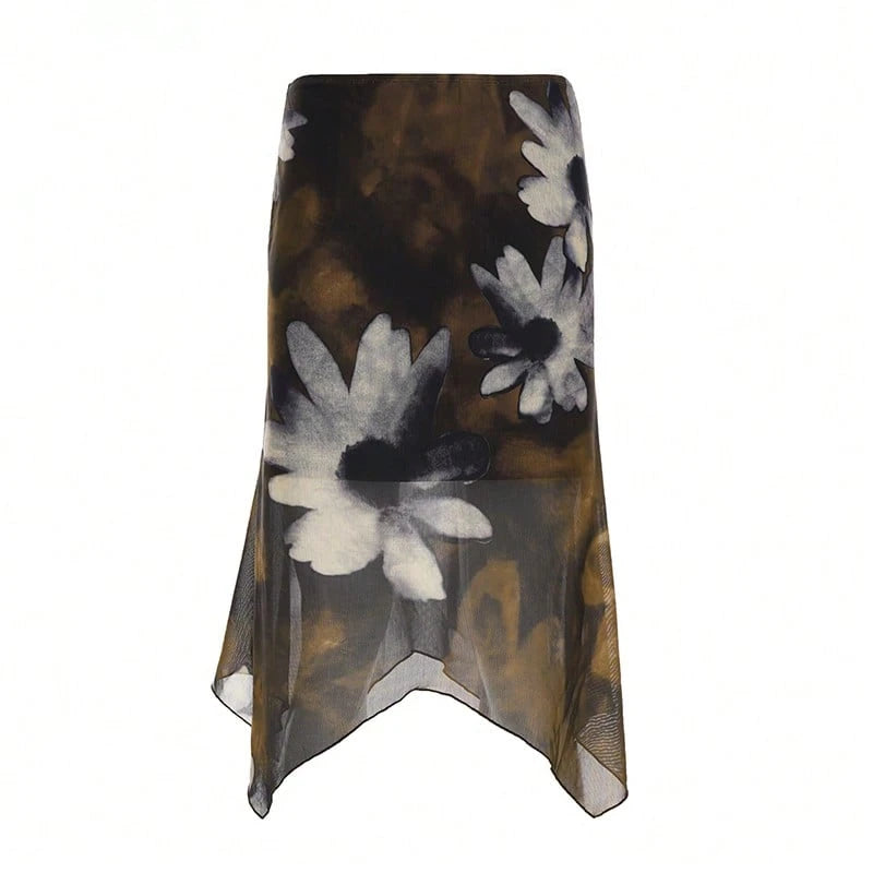 Y2K Style Floral Print Mesh Asymmetric Midi A-Line Skirt, Low Waist Versatile Women's Skirt Brown Vacation Summer