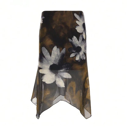 Y2K Style Floral Print Mesh Asymmetric Midi A-Line Skirt, Low Waist Versatile Women's Skirt Brown Vacation Summer