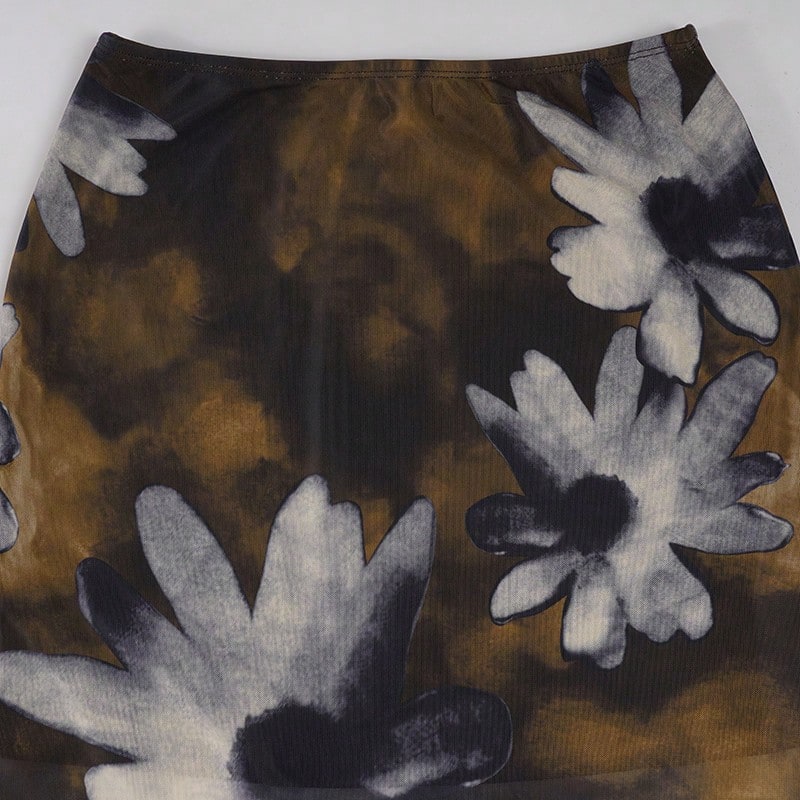 Y2K Style Floral Print Mesh Asymmetric Midi A-Line Skirt, Low Waist Versatile Women's Skirt Brown Vacation Summer