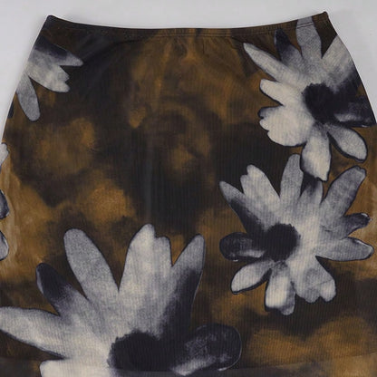 Y2K Style Floral Print Mesh Asymmetric Midi A-Line Skirt, Low Waist Versatile Women's Skirt Brown Vacation Summer