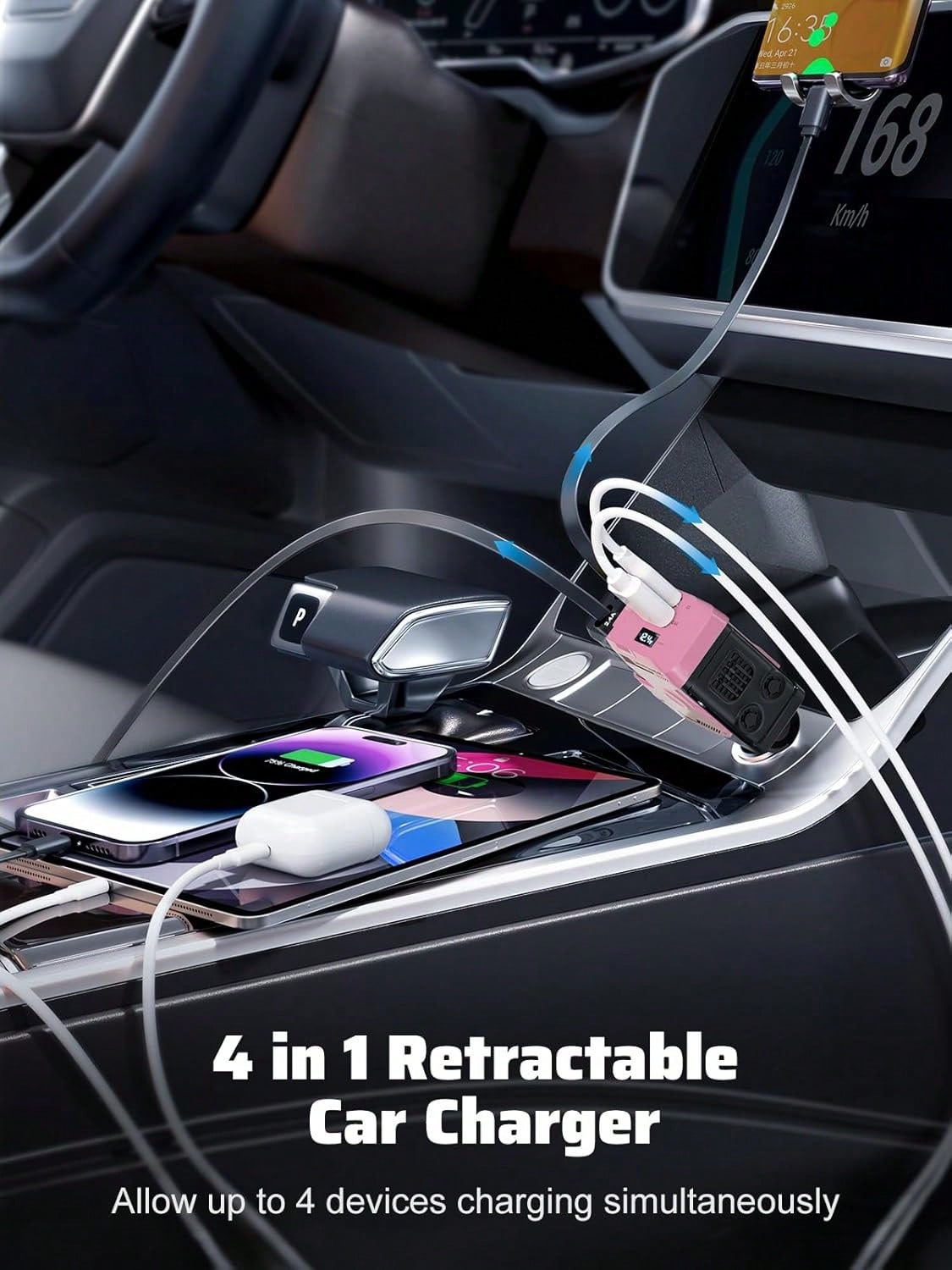 YAIUZGOO 66W Fast Charging Car Charger, 4-In-1 Retractable USB Car Adapter With Lightning & Type-C Cables, Dual USB Ports, PD 3.0 QC 3.0 Compatible, Multi Device Charger Compatible With IPhone Android