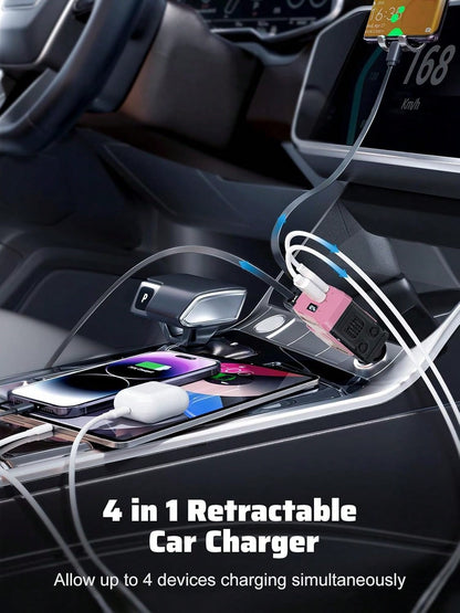YAIUZGOO 66W Fast Charging Car Charger, 4-In-1 Retractable USB Car Adapter With Lightning & Type-C Cables, Dual USB Ports, PD 3.0 QC 3.0 Compatible, Multi Device Charger Compatible With IPhone Android