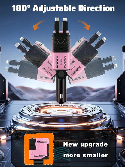 YAIUZGOO 66W Fast Charging Car Charger, 4-In-1 Retractable USB Car Adapter With Lightning & Type-C Cables, Dual USB Ports, PD 3.0 QC 3.0 Compatible, Multi Device Charger Compatible With IPhone Android