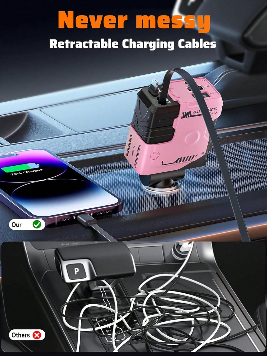 YAIUZGOO 66W Fast Charging Car Charger, 4-In-1 Retractable USB Car Adapter With Lightning & Type-C Cables, Dual USB Ports, PD 3.0 QC 3.0 Compatible, Multi Device Charger Compatible With IPhone Android