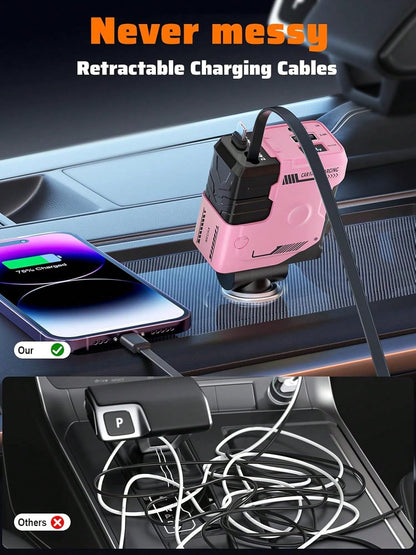 YAIUZGOO 66W Fast Charging Car Charger, 4-In-1 Retractable USB Car Adapter With Lightning & Type-C Cables, Dual USB Ports, PD 3.0 QC 3.0 Compatible, Multi Device Charger Compatible With IPhone Android