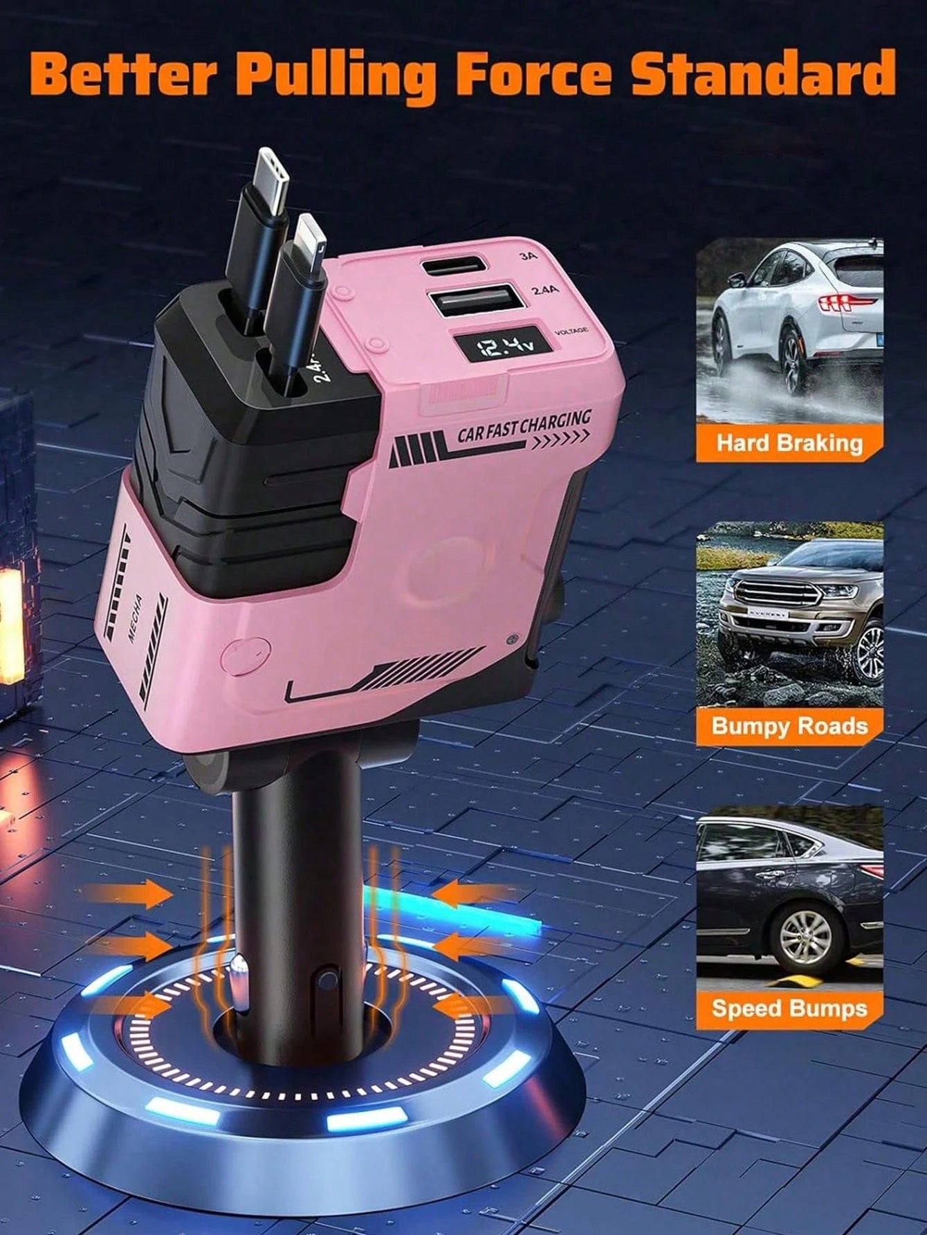 YAIUZGOO 66W Fast Charging Car Charger, 4-In-1 Retractable USB Car Adapter With Lightning & Type-C Cables, Dual USB Ports, PD 3.0 QC 3.0 Compatible, Multi Device Charger Compatible With IPhone Android