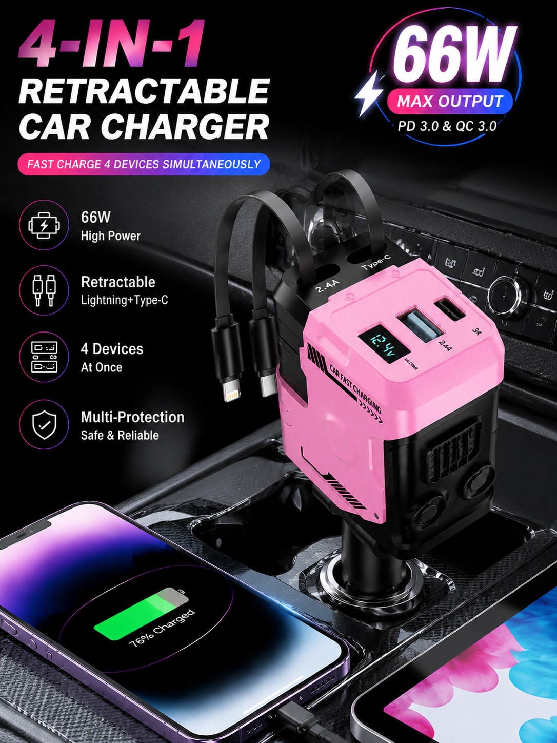YAIUZGOO 66W Fast Charging Car Charger, 4-In-1 Retractable USB Car Adapter With Lightning & Type-C Cables, Dual USB Ports, PD 3.0 QC 3.0 Compatible, Multi Device Charger Compatible With IPhone Android