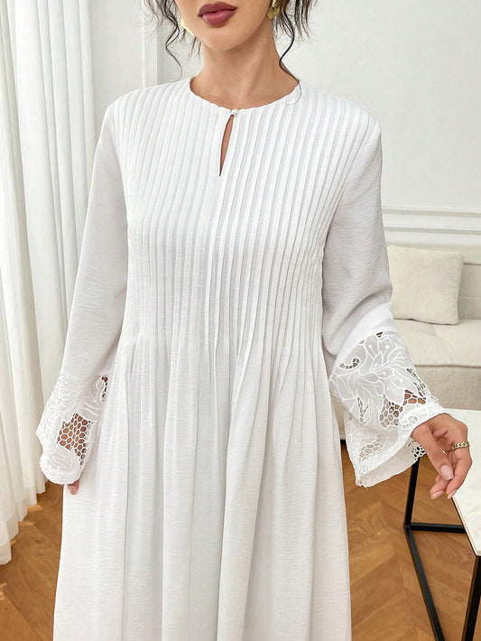 Yasmyna Women's Lace Patchwork Pleated Traditional Long Shirt