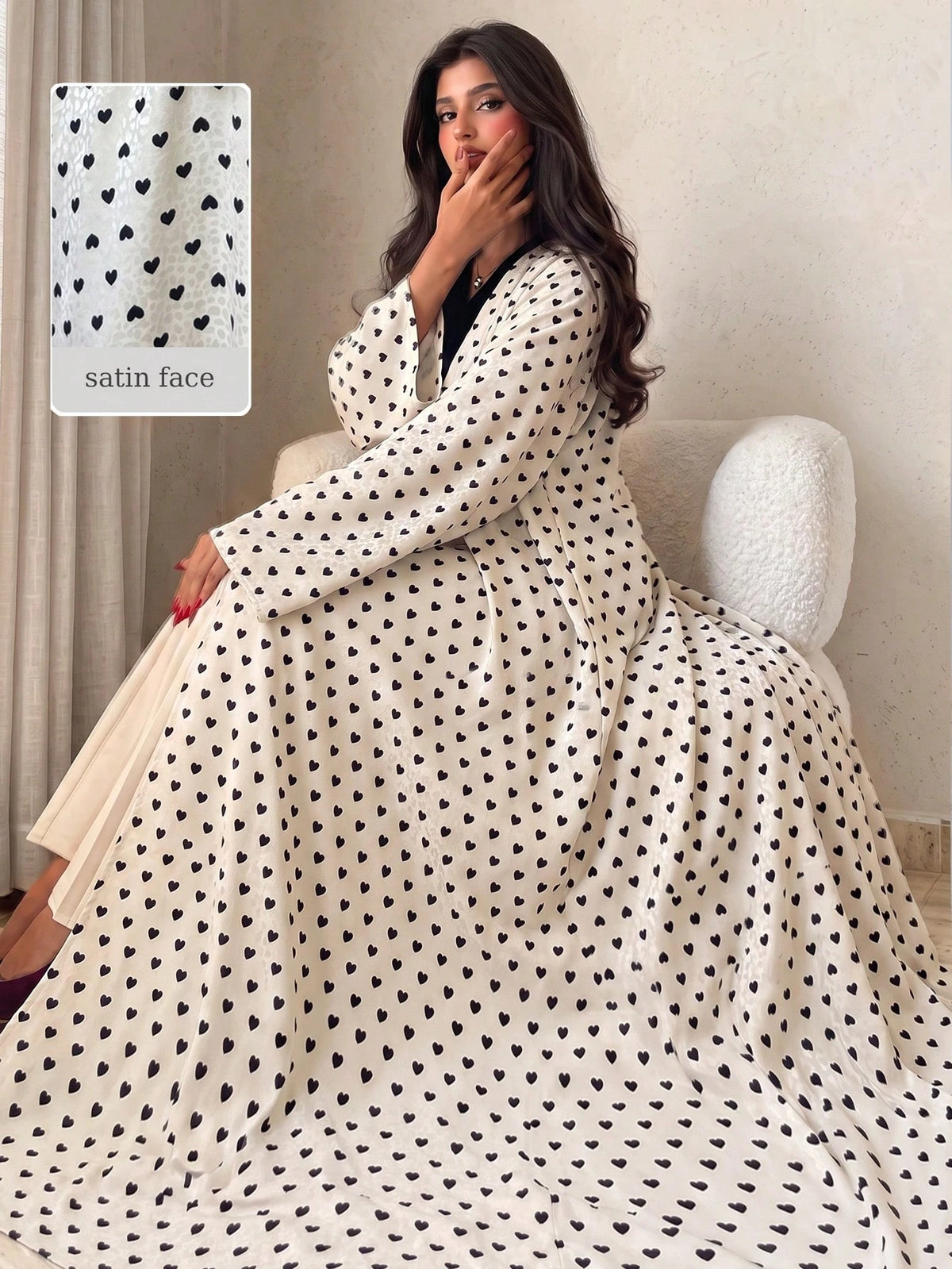 Yasmyna Women's Woven Satin Digital Print Long Sleeve A-Line Elegant Romantic Modest Arabic Abaya Back-To-School Season.