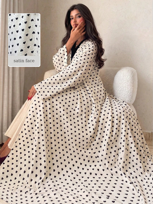 Yasmyna Women's Woven Satin Digital Print Long Sleeve A-Line Elegant Romantic Modest Arabic Abaya Back-To-School Season.