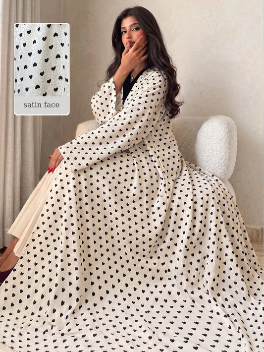 Yasmyna Women's Woven Satin Digital Print Long Sleeve A-Line Elegant Romantic Modest Arabic Abaya Back-To-School Season.