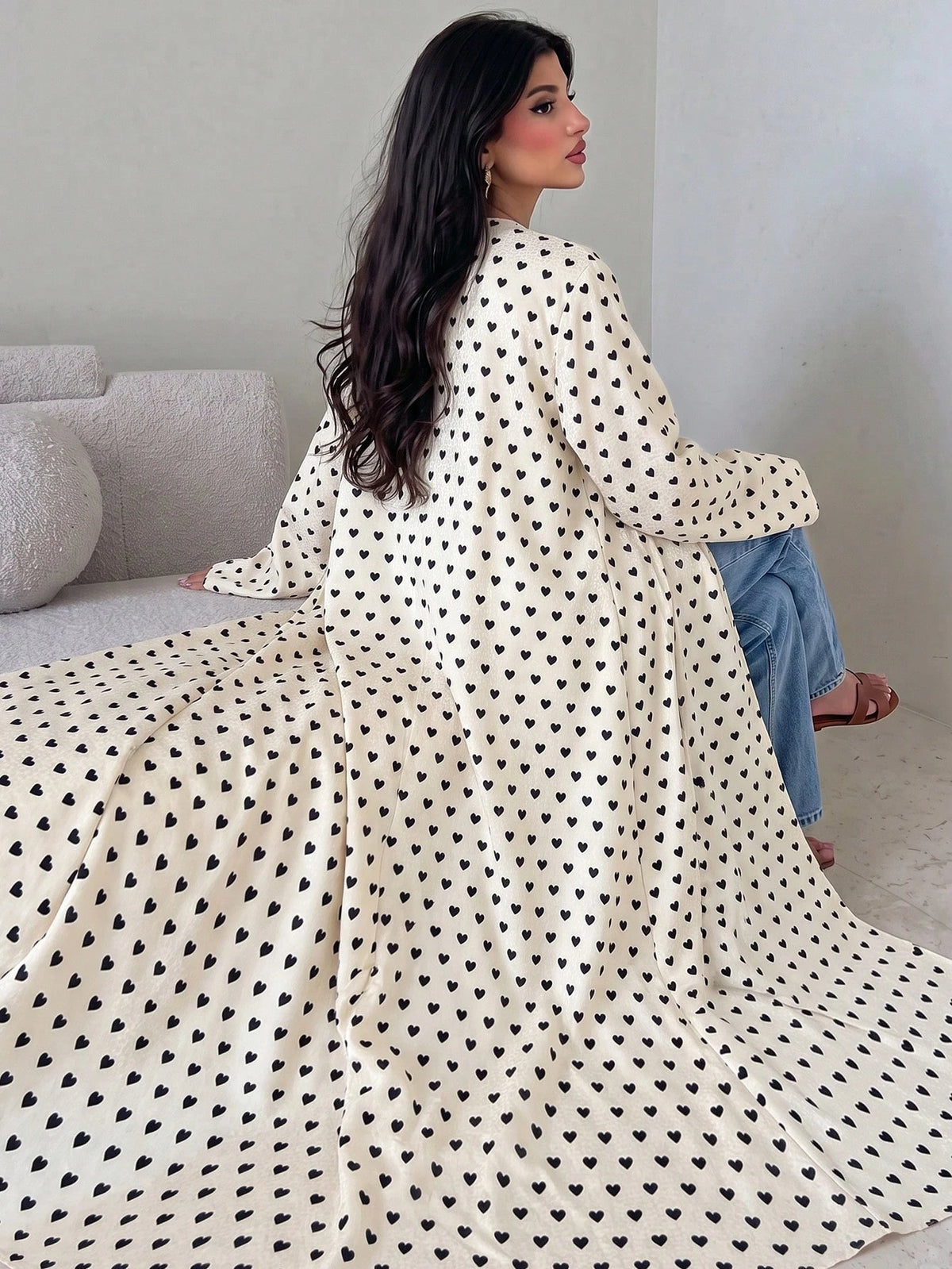 Yasmyna Women's Woven Satin Digital Print Long Sleeve A-Line Elegant Romantic Modest Arabic Abaya Back-To-School Season.