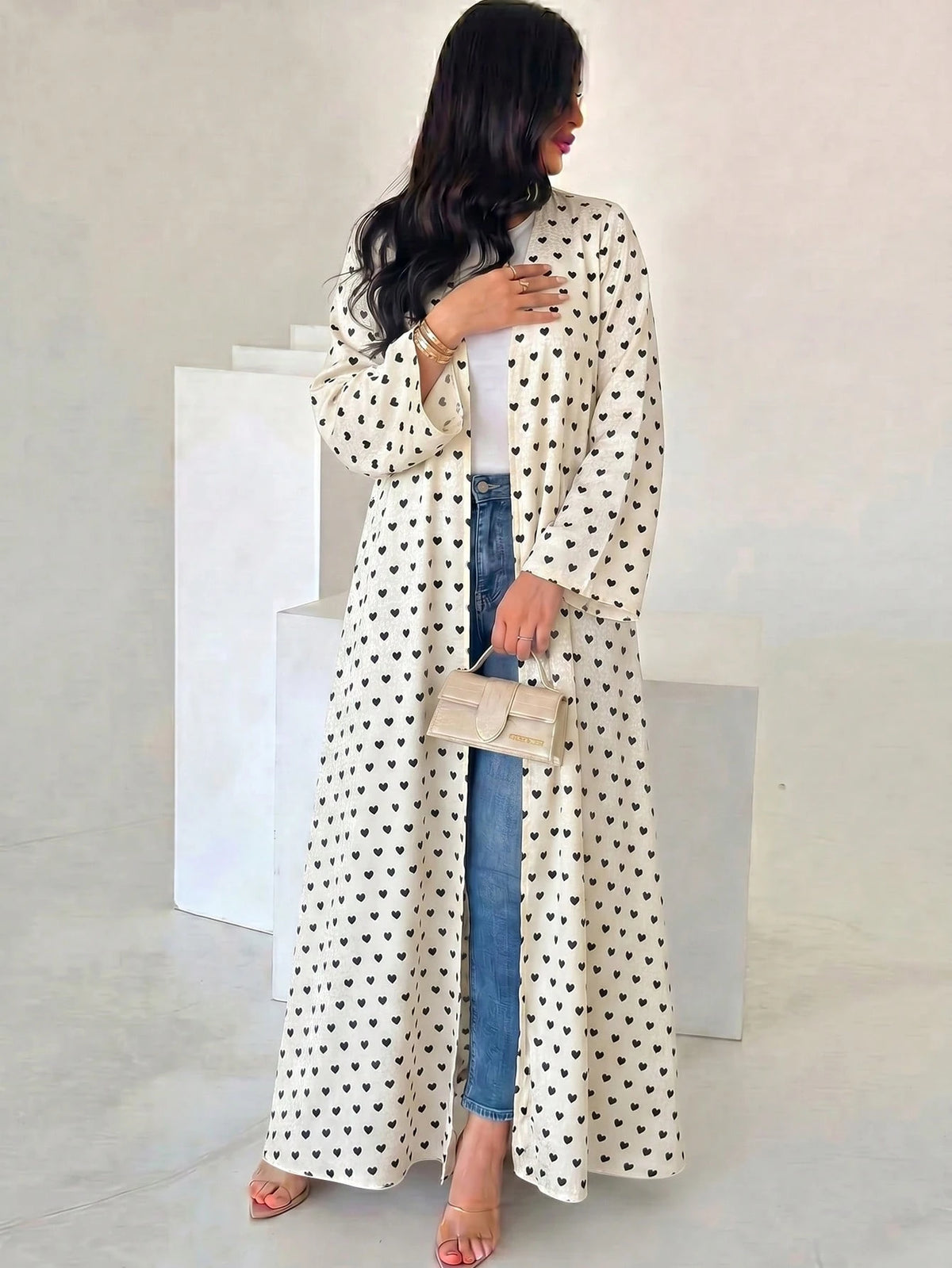 Yasmyna Women's Woven Satin Digital Print Long Sleeve A-Line Elegant Romantic Modest Arabic Abaya Back-To-School Season.
