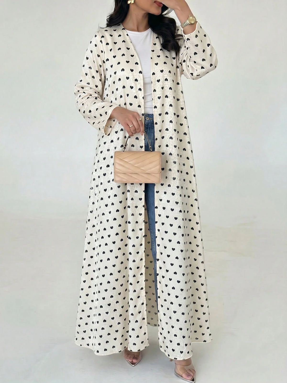 Yasmyna Women's Woven Satin Digital Print Long Sleeve A-Line Elegant Romantic Modest Arabic Abaya Back-To-School Season.