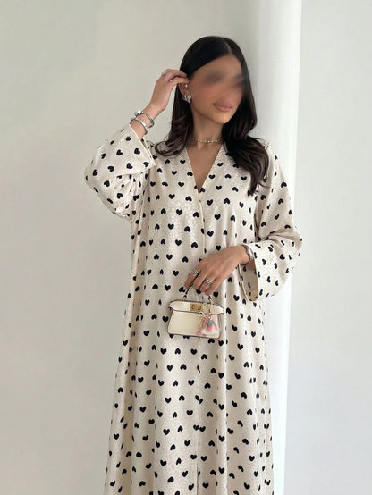 Yasmyna Women's Woven Satin Digital Print Long Sleeve A-Line Elegant Romantic Modest Arabic Abaya Back-To-School Season.