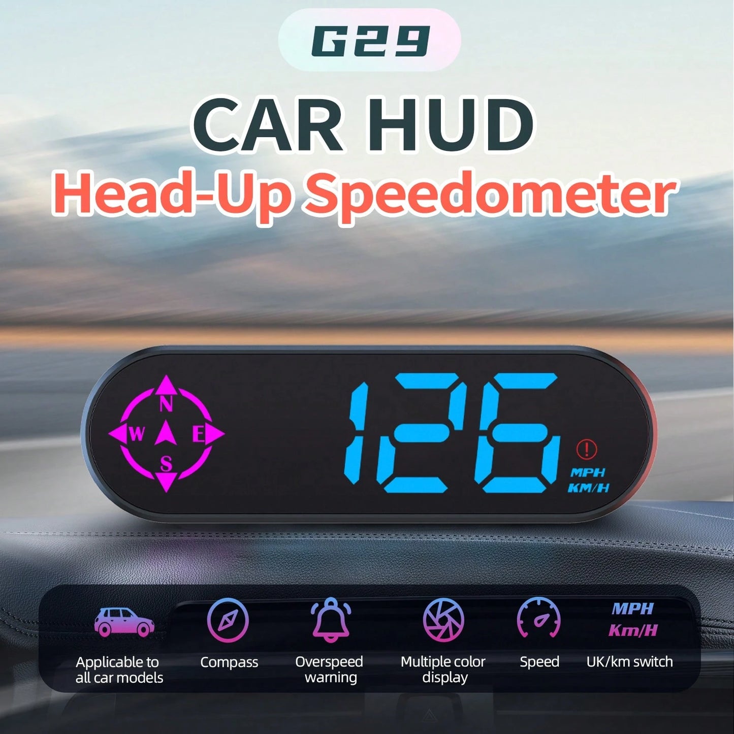YNF GPS Head-Up Display Car Speedometer, Smart Digital Speedometer With KMH/MPH Switch, Windshield Projection, Real-Time Speed, Driving Direction, Time, Trip Distance, Overspeed Alarm, Multi-Color Dis