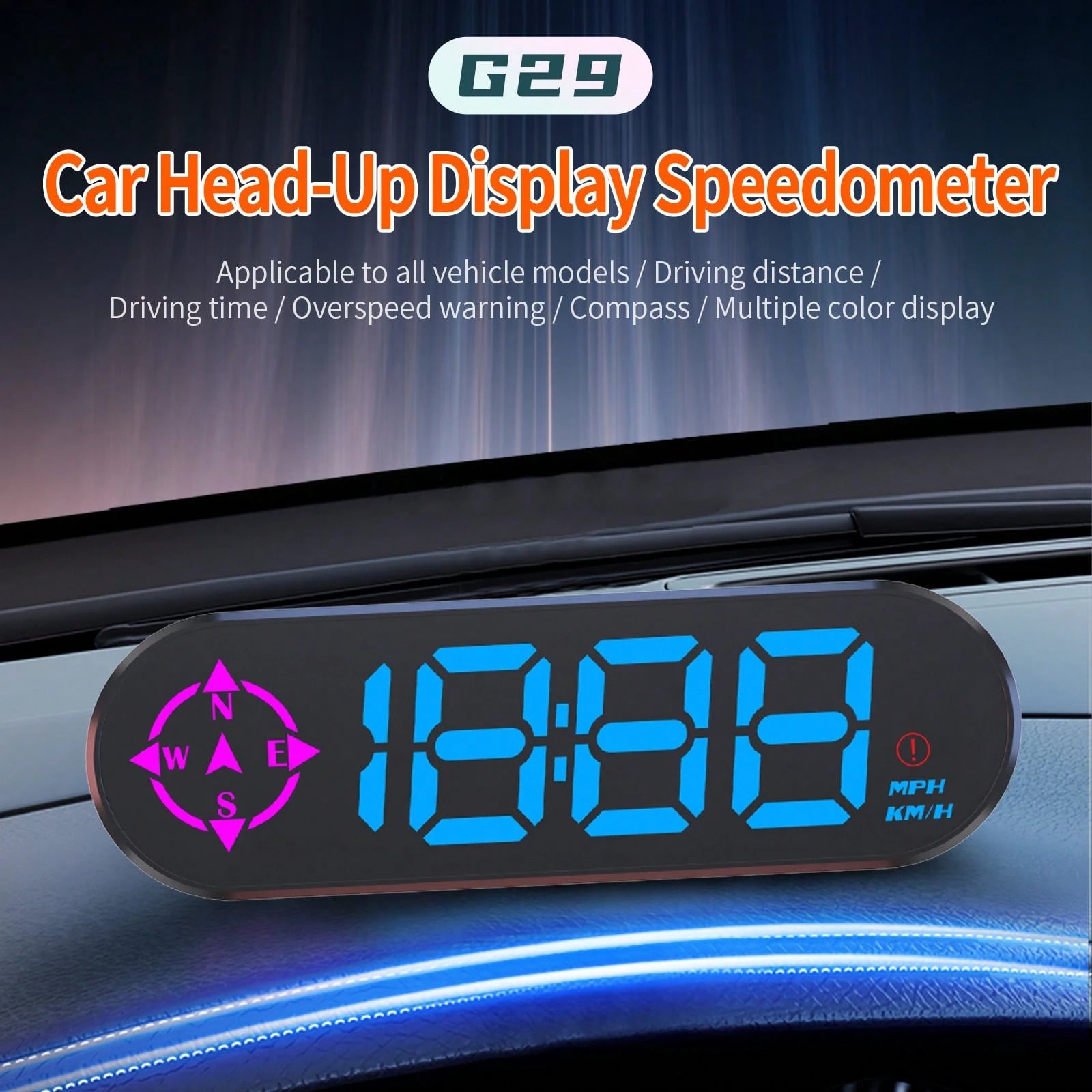 YNF GPS Head-Up Display Car Speedometer, Smart Digital Speedometer With KMH/MPH Switch, Windshield Projection, Real-Time Speed, Driving Direction, Time, Trip Distance, Overspeed Alarm, Multi-Color Dis